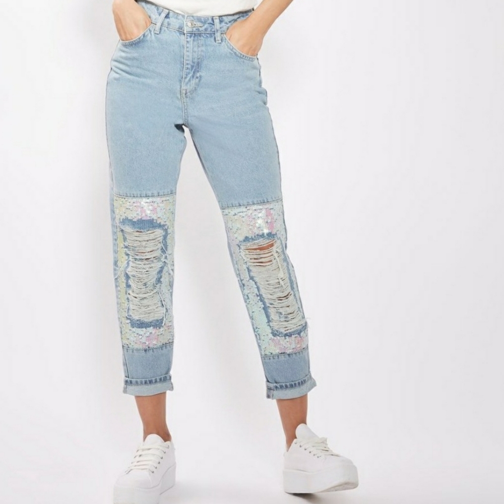 Topshop Moto Mom iridescent  Sequin Jeans